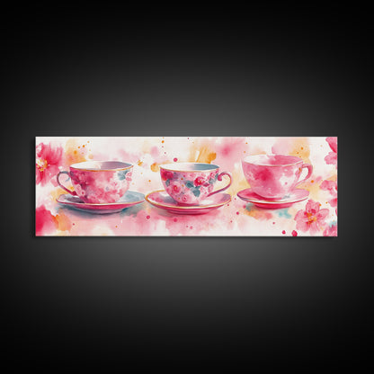 Pink Teacup Canvas Print Feminine Whimsical Kitchen Art Horizontal Pink Artwork Vintage Rustic Wall Art Living Room Framed Art