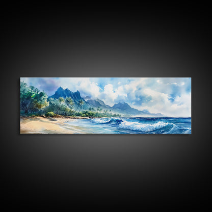 Moody Coastal Seascape Framed Canvas Print - Hawaii Ocean Landscape Painting, Nautical Wall Art, Extra Wide Beach Bedroom Art Decor