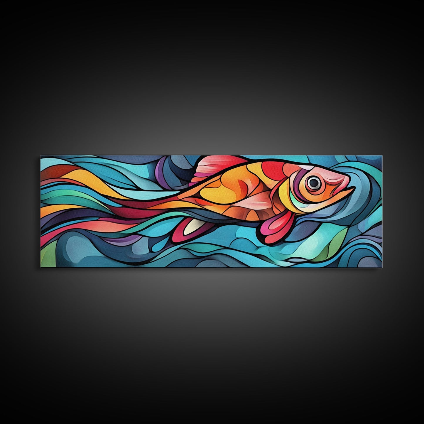 Abstract Goldfish Flow Framed Canvas Print, Whimsical Wall Art, Colorful Art, Teal Painting, Gift Idea, Skinny Wall Art, Bedroom Decor