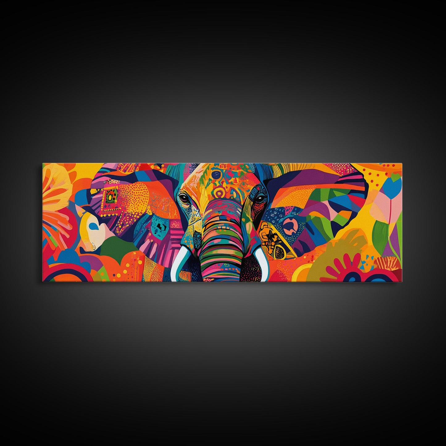 Vibrant Canvas Print of Colorful Abstract Elephant Wall Art, African Art, Whimsical Living Room Art, Boho Art, Horizontal Wall Art