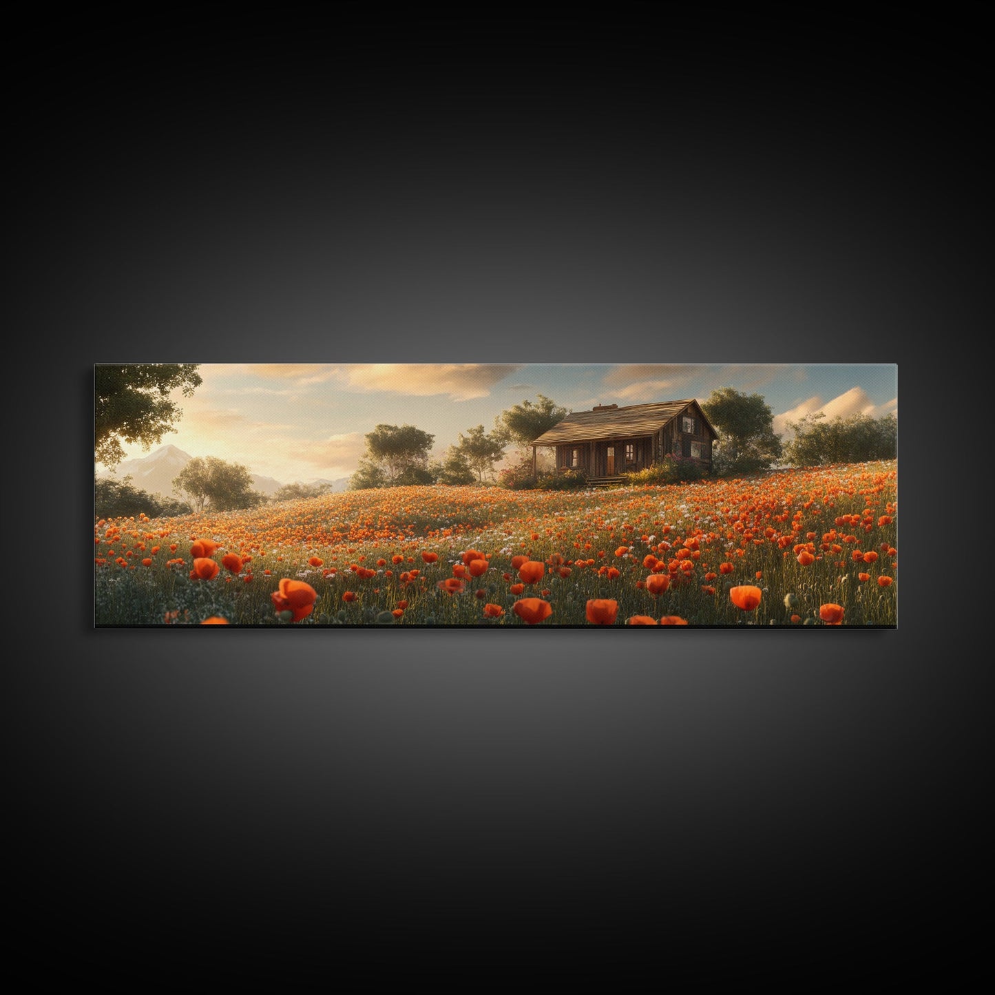 Sunlit Poppy Meadow Framed Canvas Print – Rustic Decor, California Poppy Art, Landscape Painting, Extra Wide Art, Guest Room Art