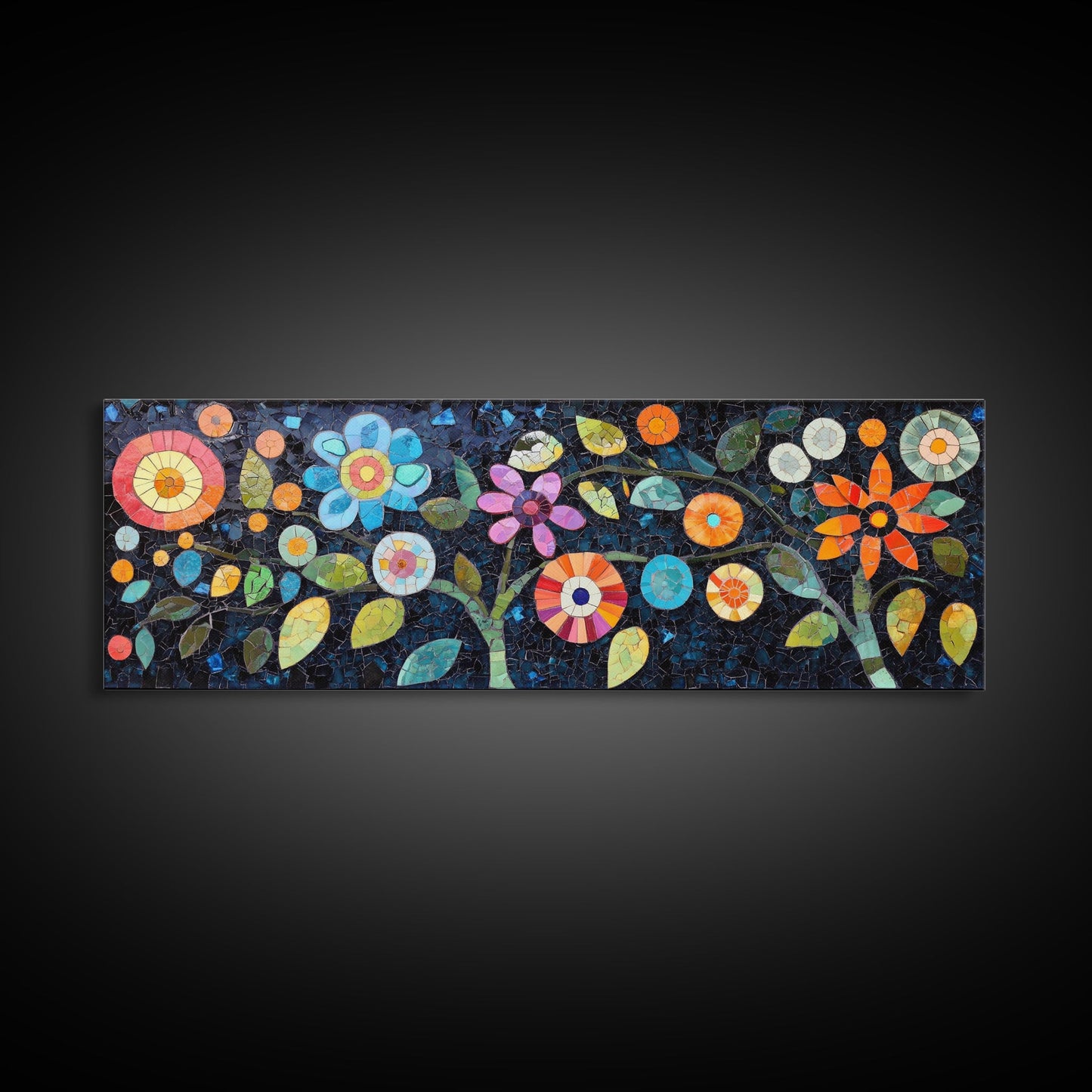 Mosaic Wall Art Wildflower Painting Framed Canvas Print, Botanical Print Horizontal Artwork, Whimsical Art Piece Above Sofa Decor