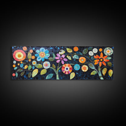 Mosaic Wall Art Wildflower Painting Framed Canvas Print, Botanical Print Horizontal Artwork, Whimsical Art Piece Above Sofa Decor