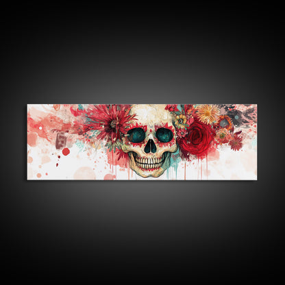 Vibrant Skull Art Framed Canvas Print, Dark Angels Wall Art with Floral Design, Skull and Rose Painting, Gothic Floral Home Decor, Boho Wall Art