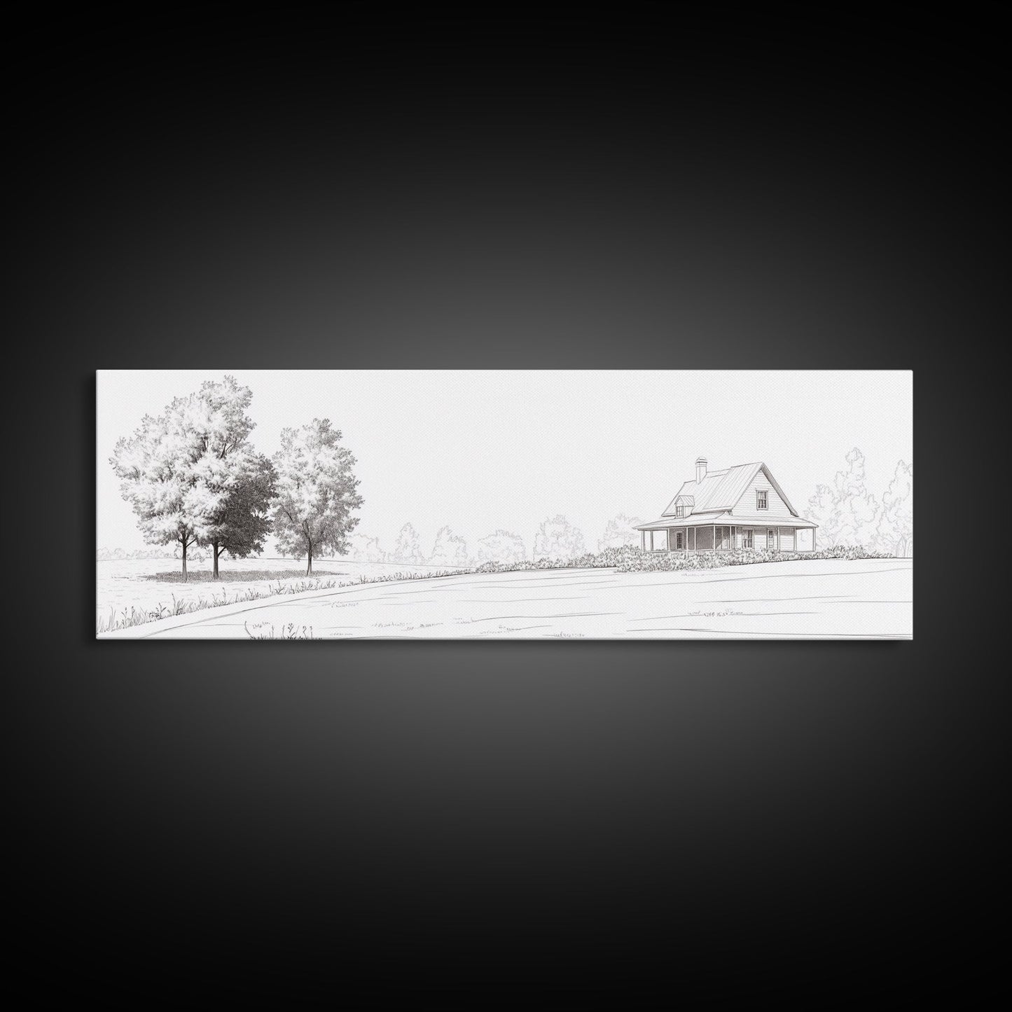 Rustic Farmhouse Framed Canvas Print, Black and White Landscape Art, Above Sofa Wall Art Minimalist Living Room Country Decor