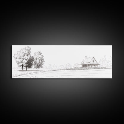 Rustic Farmhouse Framed Canvas Print, Black and White Landscape Art, Above Sofa Wall Art Minimalist Living Room Country Decor