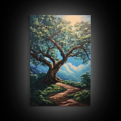 Majestic Oak Tree Framed Canvas Print – Oak Tree Art, Rustic Landscape Painting, Above Sofa Wall Art, Wabi Sabi Living Room Decor