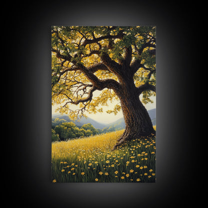 Vibrant Meadow Tree Canvas Print Rustic Wall Art Wildflower Landscape Painting Living Room Artwork Above Sofa Art Fall Decor