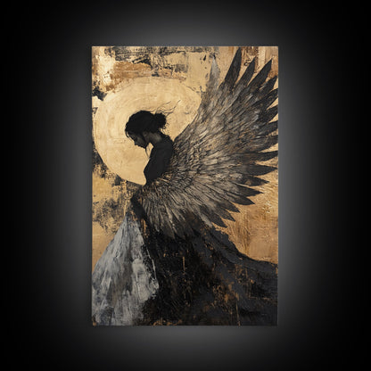Golden Angel Wings Framed Canvas Print Dark Angel Wall Art Moody Gothic Artwork Gold Abstract Print Rustic Wall Decor Gift Idea