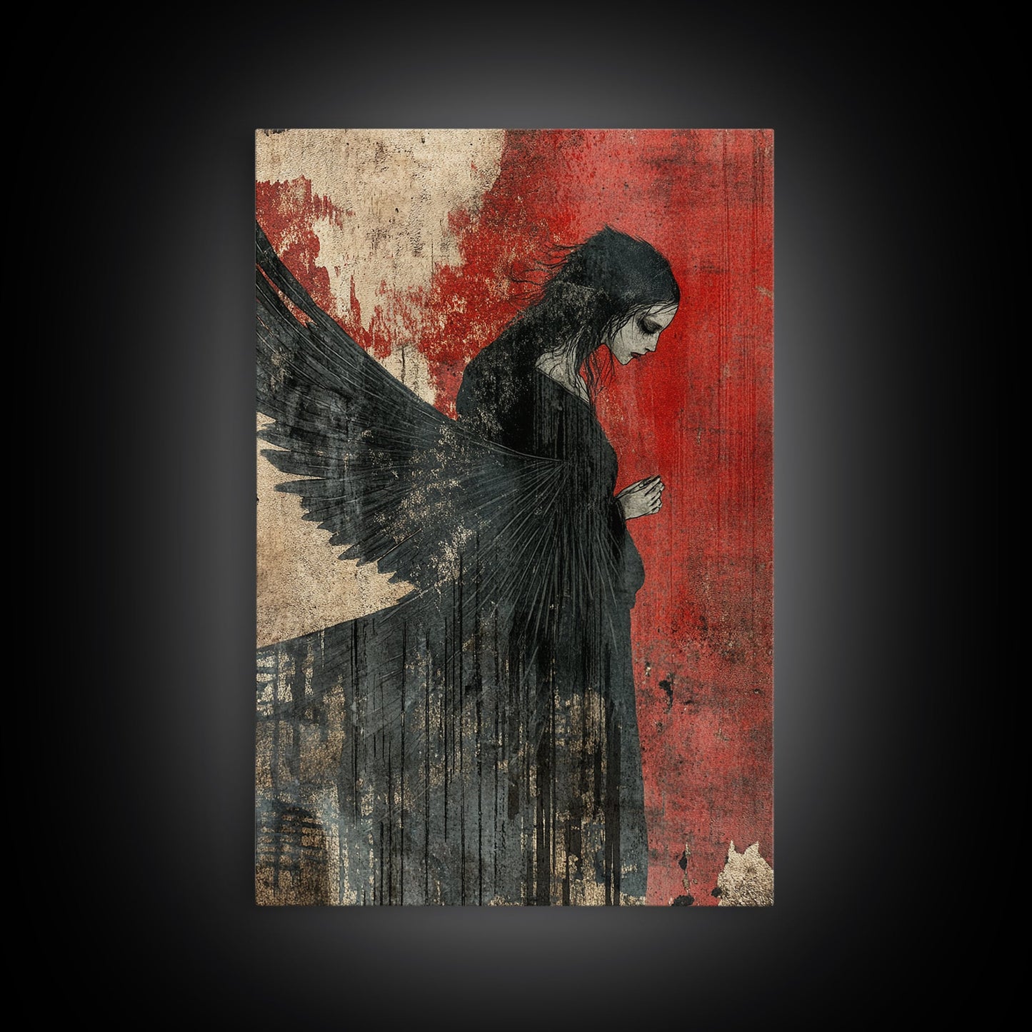 Gothic Angel Red Background Canvas Print Dark Angels Wall Art Moody Gothic Artwork Abstract Art Print Rustic Decor Gift Idea