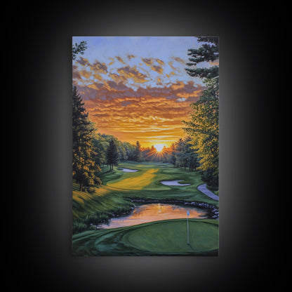 Scenic Golf Sunset Framed Canvas Print, Landscape Painting, Bedroom Wall Art, Rustic Decor, Horizontal Living Room Art