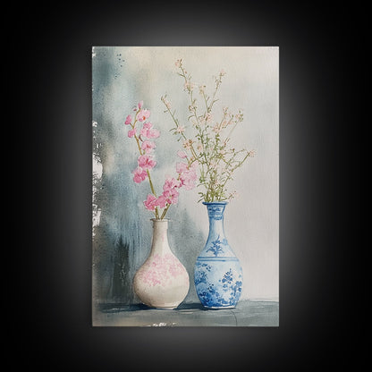 Delicate Vases Framed Canvas Print Wildflower Painting Botanical Prints Minimalist Art Light Pink Wall Art Rustic Decor Gift Idea