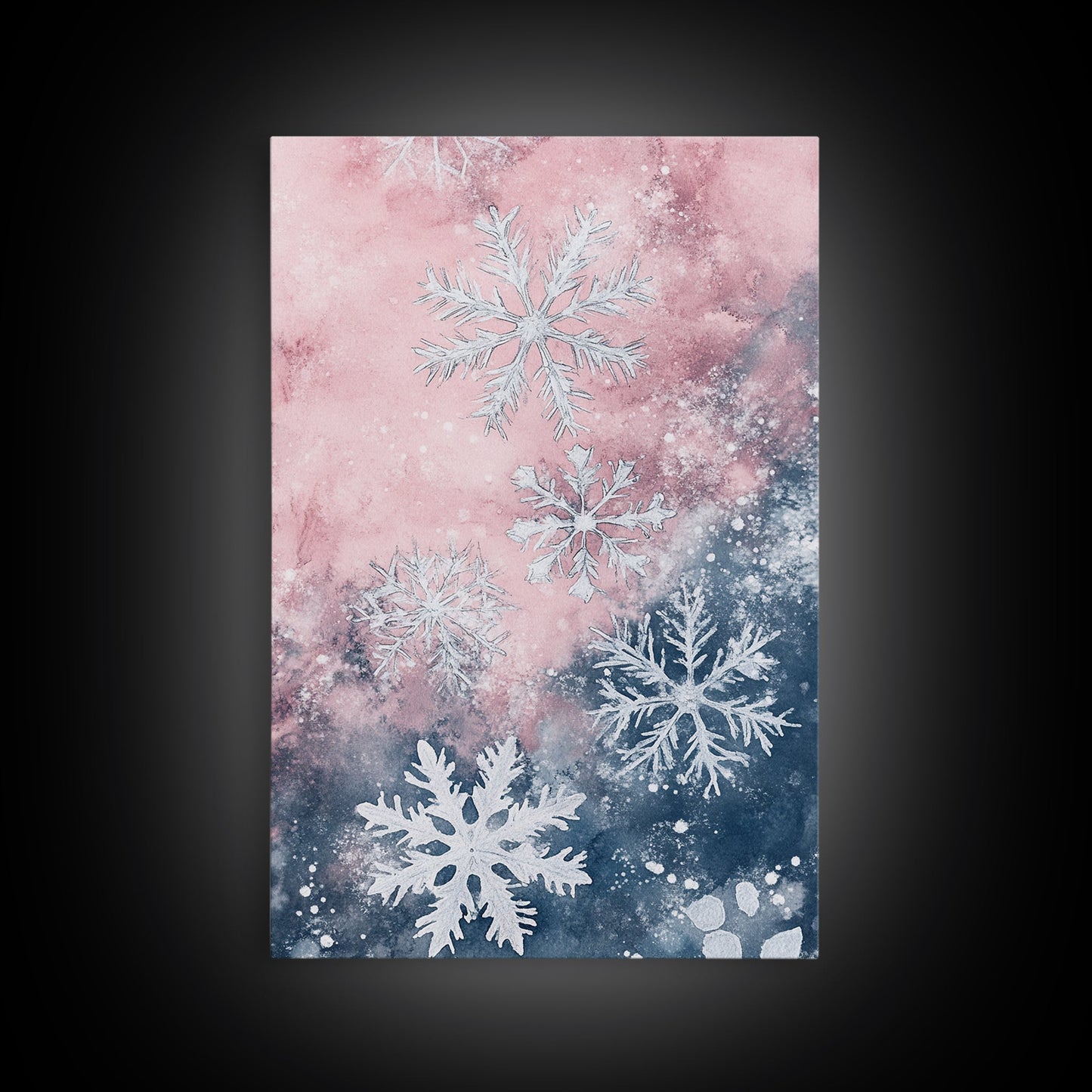 Snowflake Winter Light Pink Wall Art Framed Canvas Print | Wabi Sabi Minimalist Christmas Art | Cozy Holiday Living Room Decor