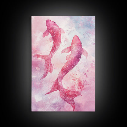 Watercolor koi fish painting in vibrant pink tones, perfect bedroom decor, framed canvas print, whimsical art above bed wall art