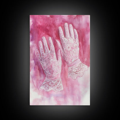 Light Pink Wall Art Canvas Print, Delicate Lace Gloves Illustration, Victorian-Inspired Art, Rustic Decor Bedroom Guest Room Gift