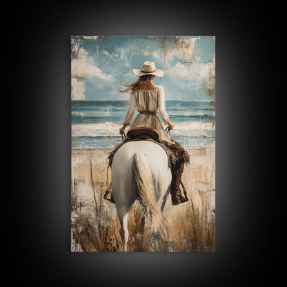Rustic Horseback Beach Scene Canvas Print Coastal Cowgirl Wall Art Rustic Decor Western Art Nautical Decor Bedroom Living Room Accent