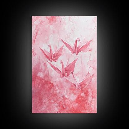 Origami Cranes Canvas Print Japanese Inspired Light Pink Wall Art Whimsical Minimalist Rustic Aesthetic Unique Gift Idea Art