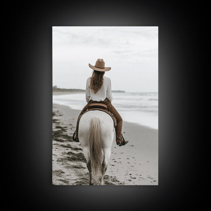 Serene Beach Ride Canvas Print Horse and Ocean Wall Art Coastal Cowgirl Rustic Decor Framed Canvas Home Living Room Artwork Gift