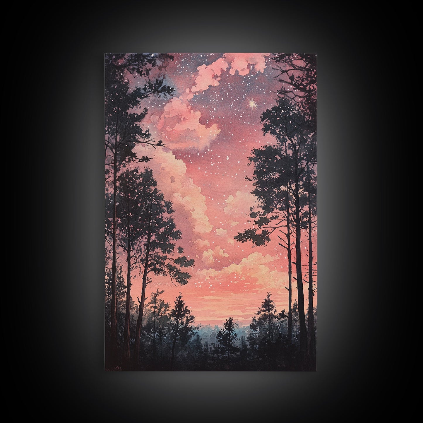 Starry forest scene painting on framed canvas print, forest at dusk painting, smoky mountain art, wabi sabi art, above couch decor