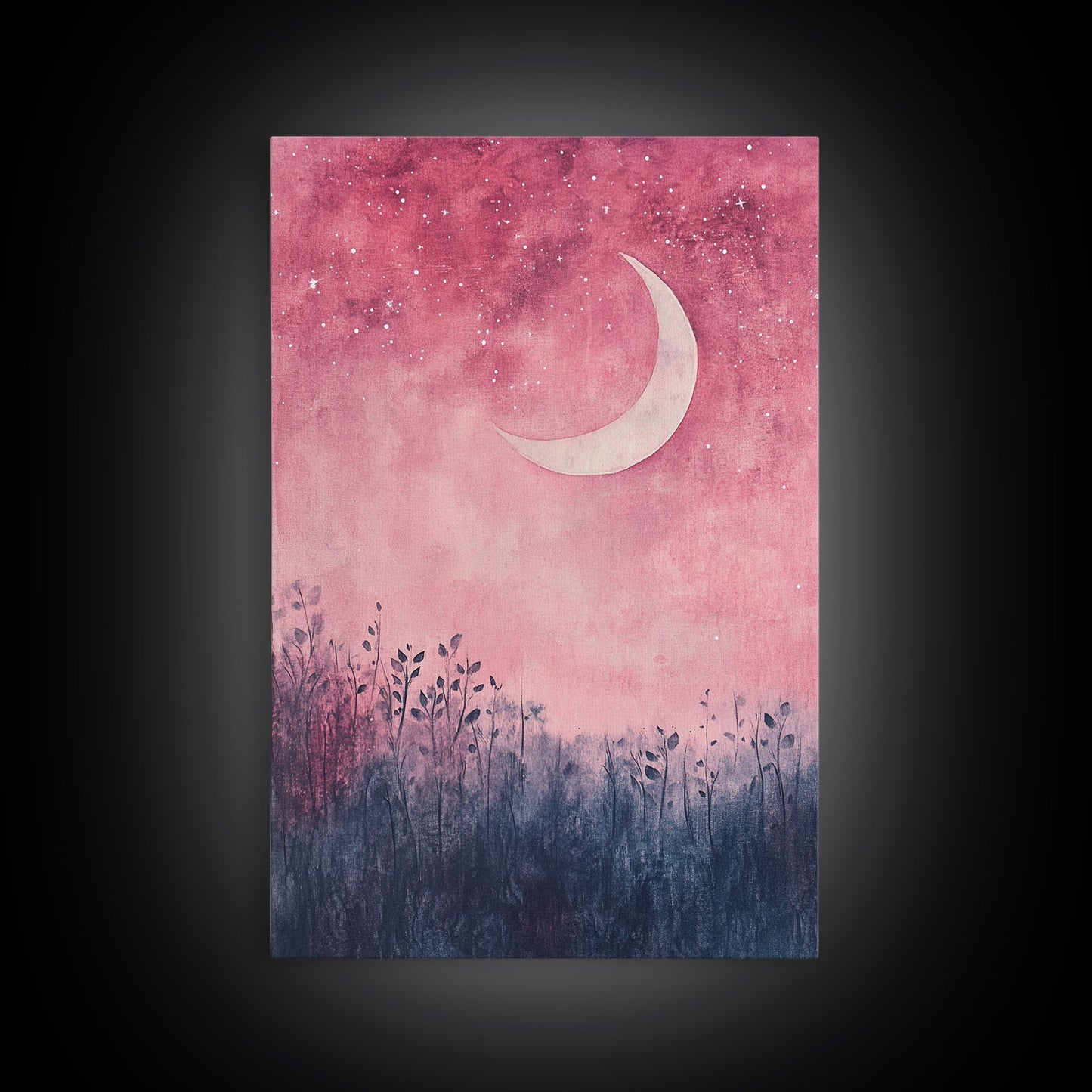 Crescent moon painting on framed canvas print, moody art, pink abstract art, cherry blossom painting, vertical wall art decor