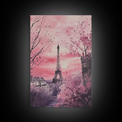 Paris Eiffel Tower Canvas Print Cherry Blossom Painting Romantic Cityscape Art Bedroom Wall Art Boho Dorm Rustic Decor Gift