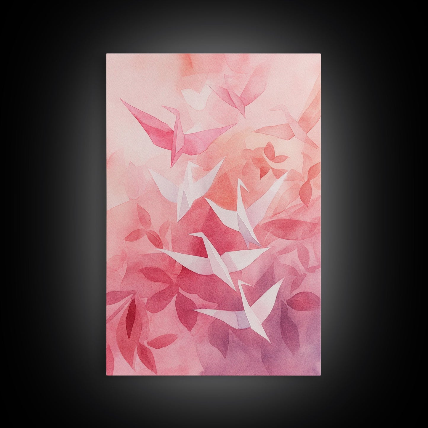Origami Crane Painting Framed Canvas Print Whimsical Wall Art Light Pink Room Decor Minimalist Art Cherry Blossom Inspired Gift Idea