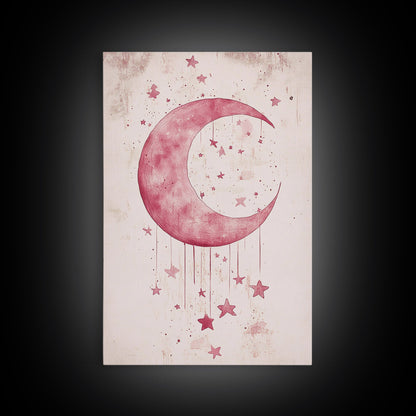 Crescent Moon and Stars Framed Canvas Print Mystical Boho Art Zen Wall Art Light Pink Wall Art Bedroom Art Dreamy Night Sky Decor