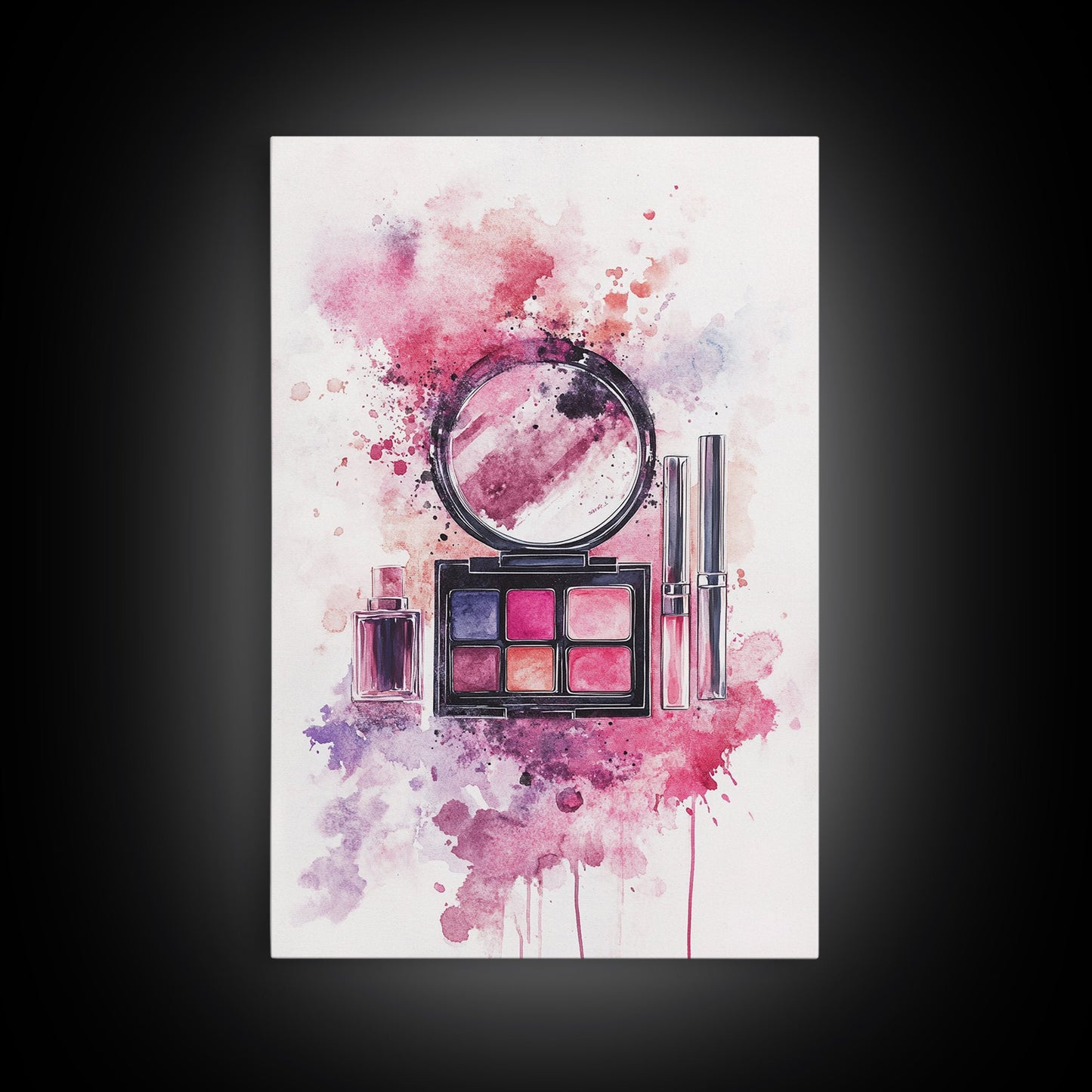 Makeup palette splash art vibrant beauty decor framed canvas print modern girly aesthetic perfect gift idea unique pink abstract art piece
