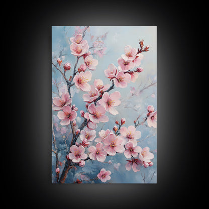 Cherry Blossom Painting Framed Canvas Print | Japanese Sakura Wall Art | Light Pink Wall Art Above Sofa Decor | Floral Nature Print