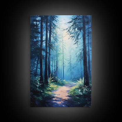 Enchanting Forest Canvas Print, Moody Blue Landscape Painting with Pine Tree Art, Above Sofa Rustic Wall Artwork