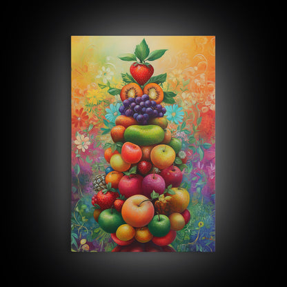 Fruit Pyramid Canvas Print with Whimsical Still Life Art, Vibrant Food Review Wall Art, Rustic Farmhouse Decor for Kitchen or Dining Area