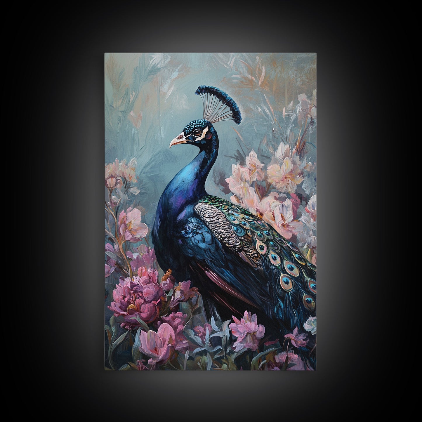 Graceful Peacock Floral Framed Canvas Print | Botanical Bird Art | Chinoiserie Wall Decor | Elegant Tropical Painting | Home Accent