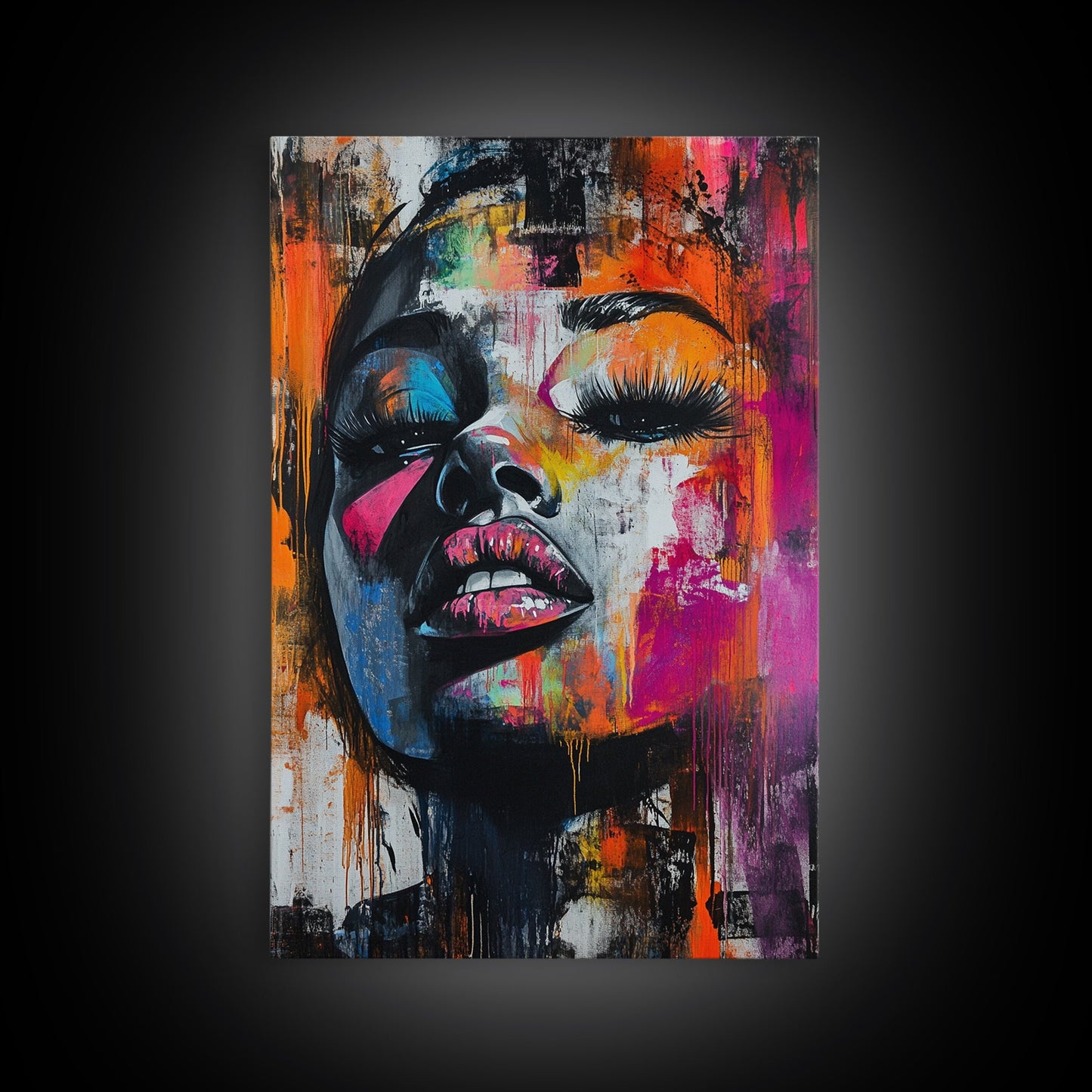 Vibrant Abstract Face Framed Canvas Print, Moody Woman Wall Art, Boho Living Room Decor, Gift Idea for Her, Unique Rustic Art