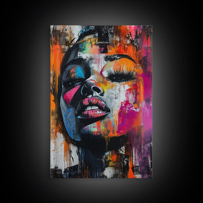 Vibrant Abstract Face Framed Canvas Print, Moody Woman Wall Art, Boho Living Room Decor, Gift Idea for Her, Unique Rustic Art