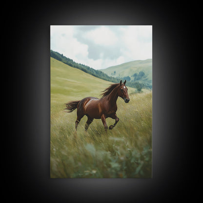 Galloping Brown Stallion Framed Canvas Print Horse Wall Art Rustic Decor Living Room Above Couch Wabi Sabi Style