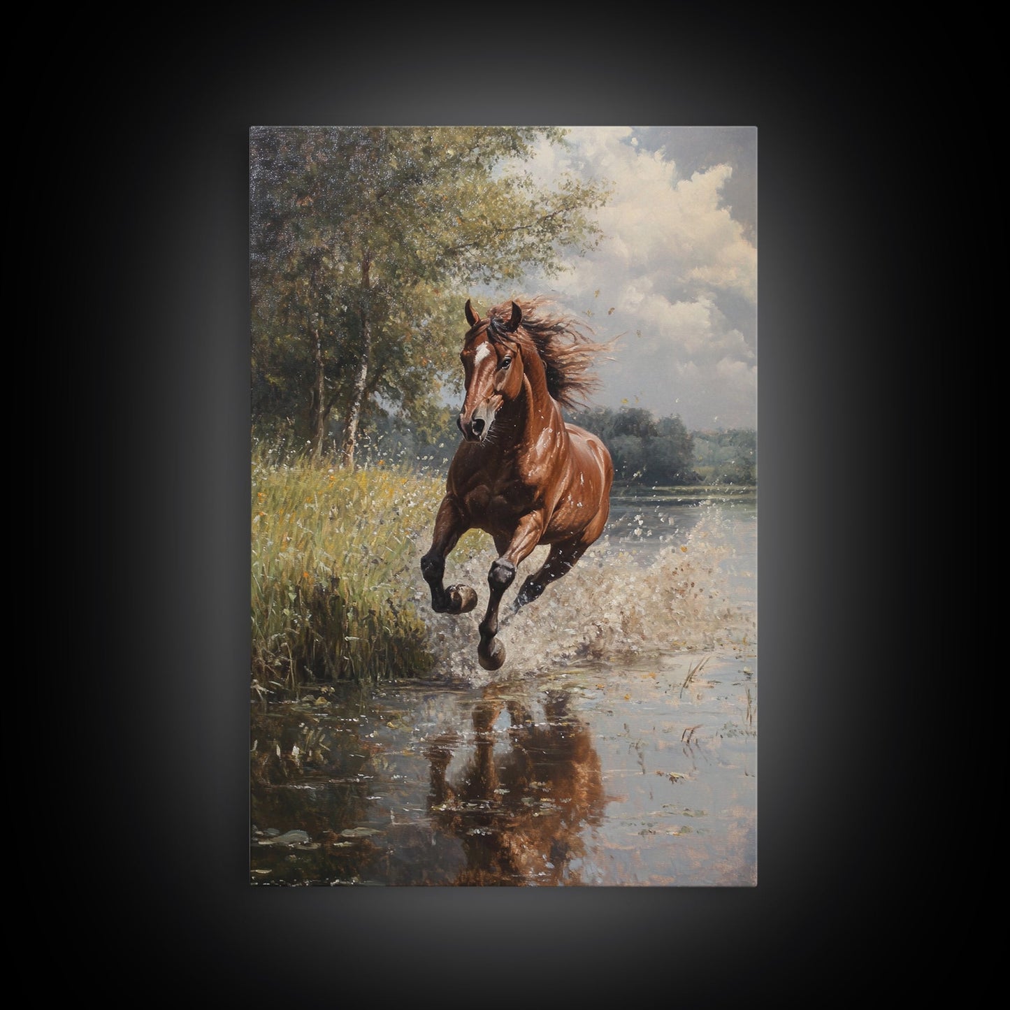 Splashed Stallion Crossing Water Framed Canvas Print Vintage Horse Art Rustic Wall Art Living Room Gift Idea Boho Style