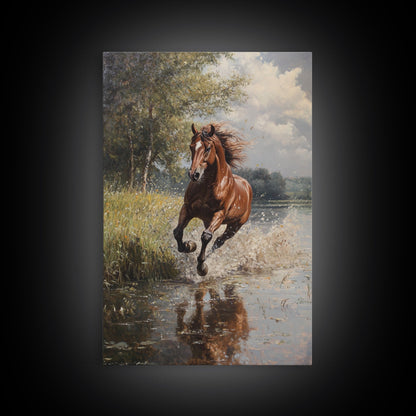Splashed Stallion Crossing Water Framed Canvas Print Vintage Horse Art Rustic Wall Art Living Room Gift Idea Boho Style