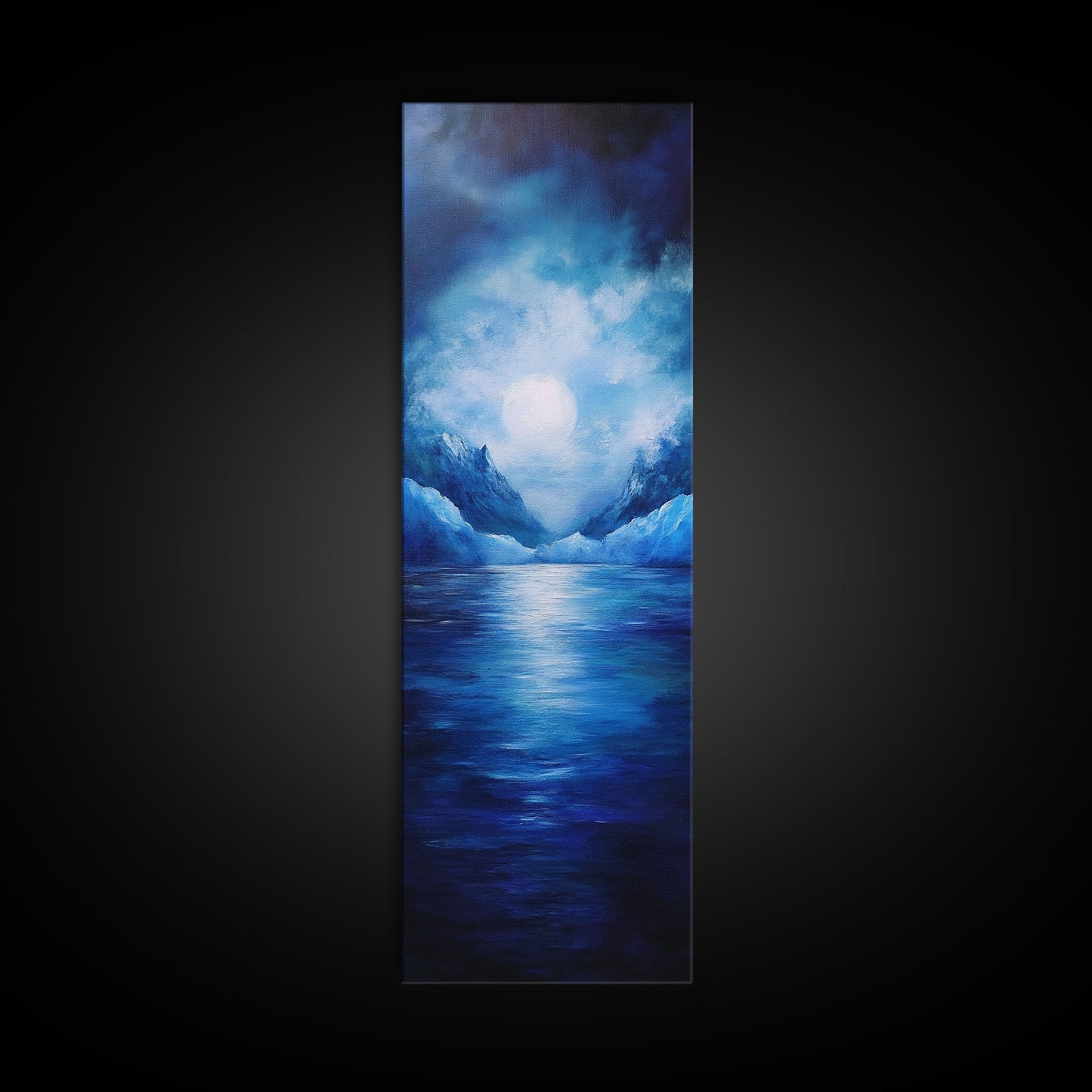 Moonlit Lake, Mountain Painting, Moody Art, Coastal Landscape, Nautical Wall Art, Christmas, Framed Canvas Print