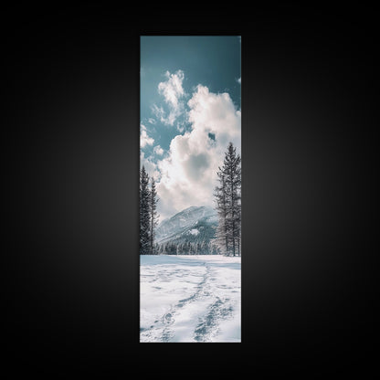 Winter Path, pine tree art, mountain painting, snowy landscape, rustic decor, minimalist art, Framed Canvas Print, vertical wall art