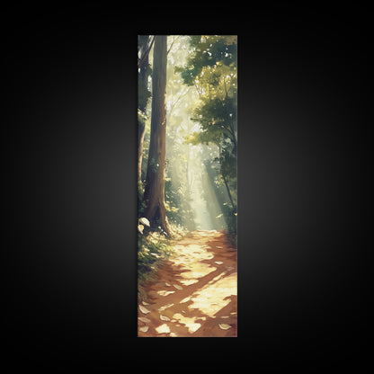 Forest Path, Sunlit Trees, Woodland Art, Framed Canvas Print, Landscape Painting, Tall Narrow Art, Rustic Décor