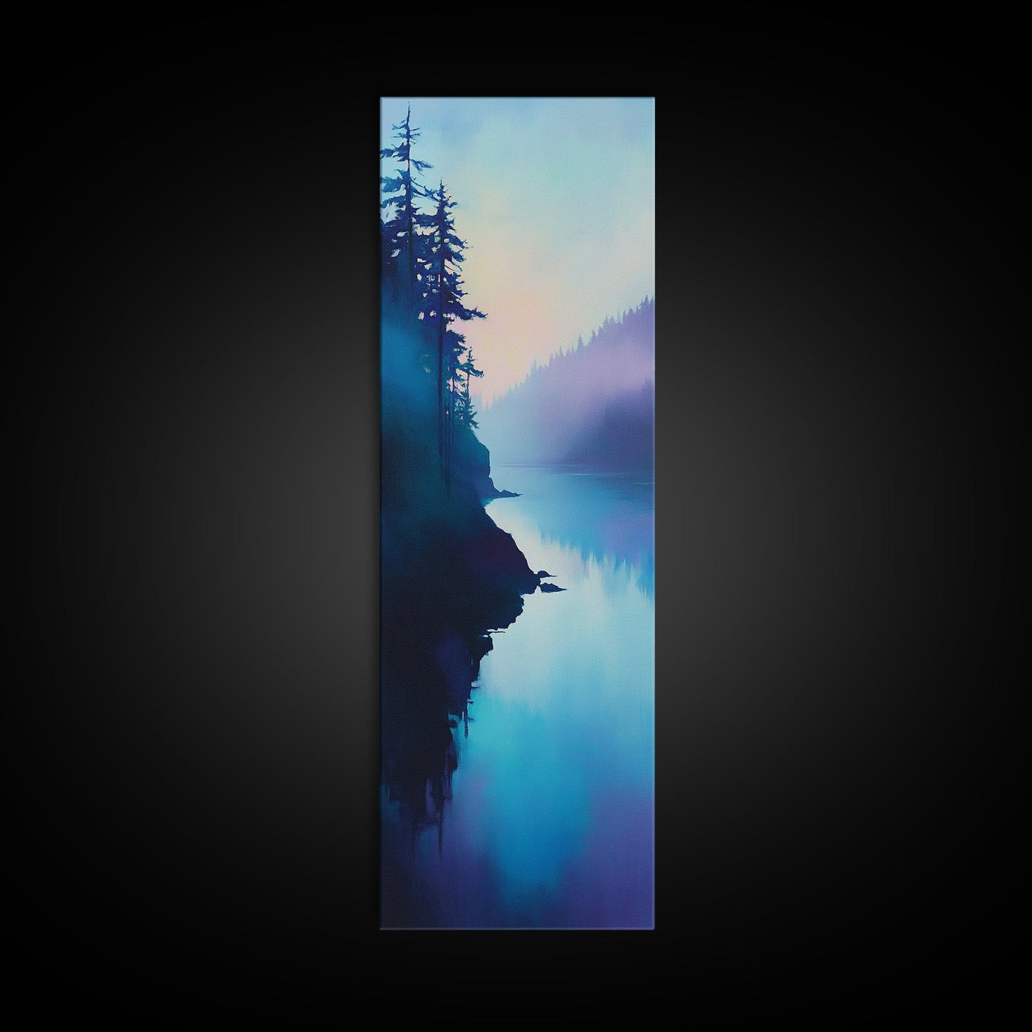 Misty Lake, forest at dusk painting, blue and green wall art, moody art, vertical wall art, pine tree art, framed canvas print
