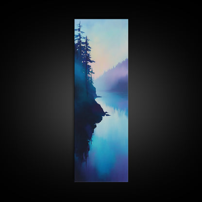 Misty Lake, forest at dusk painting, blue and green wall art, moody art, vertical wall art, pine tree art, framed canvas print