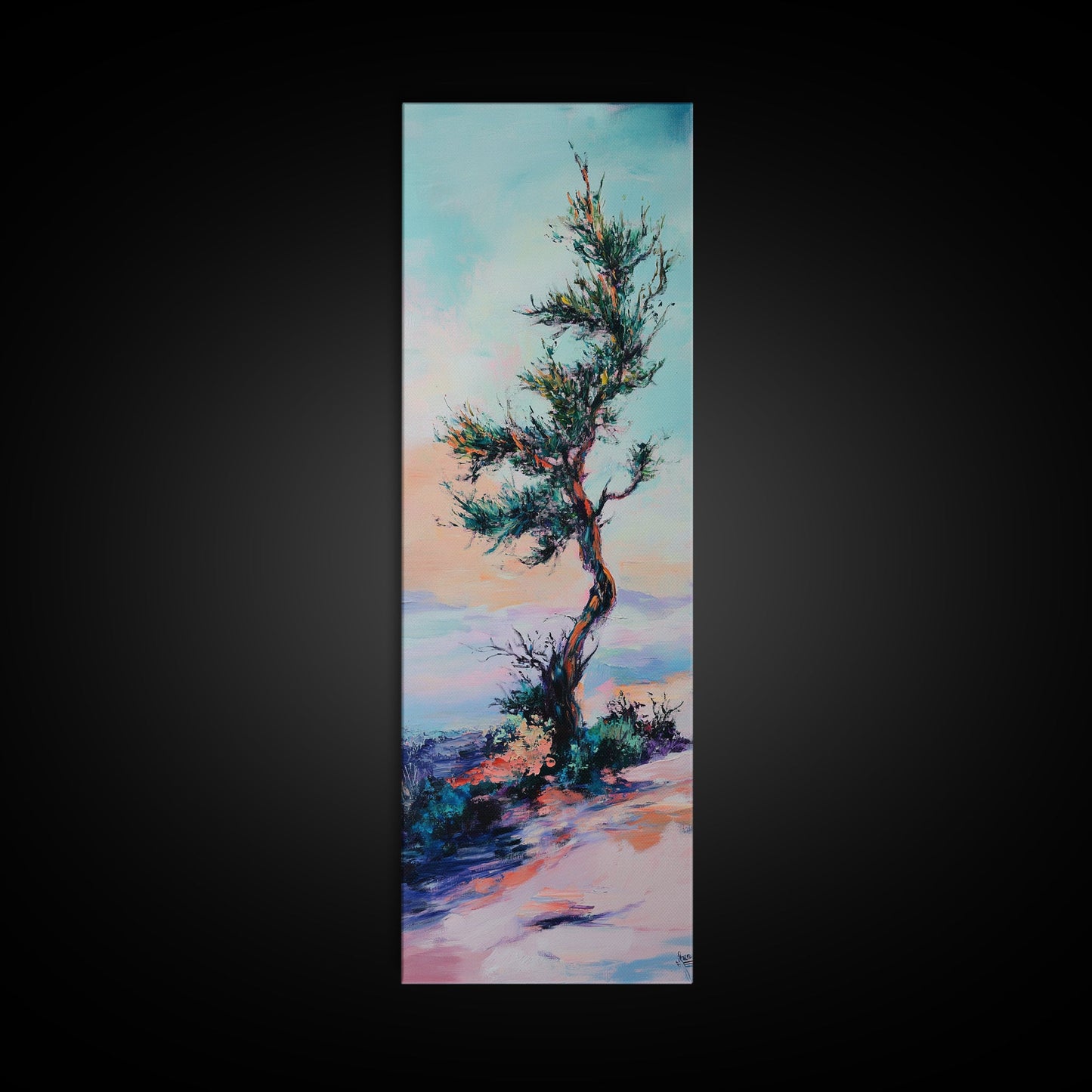 Windblown Tree, Joshua tree art, southwest wall art, rustic decor, landscape painting, framed canvas print, tall skinny art