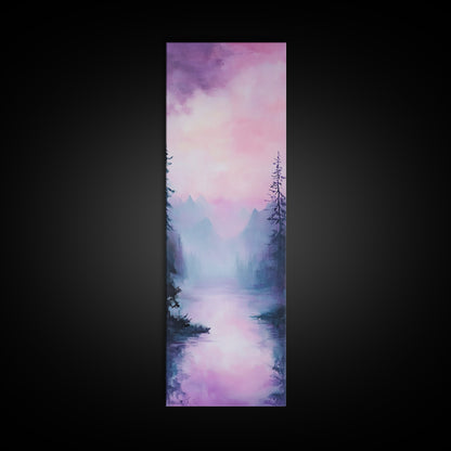 Misty Mountains, smoky mountain art, light pink wall art, framed canvas print, soft pastel art, pine tree art, above couch art