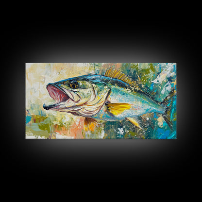 Fish Painting, Coastal Wall Art, Nautical Decor, Wildlife Painting, Fly Fishing Art, Extra Wide Art, Framed Canvas Print, Above Couch Art