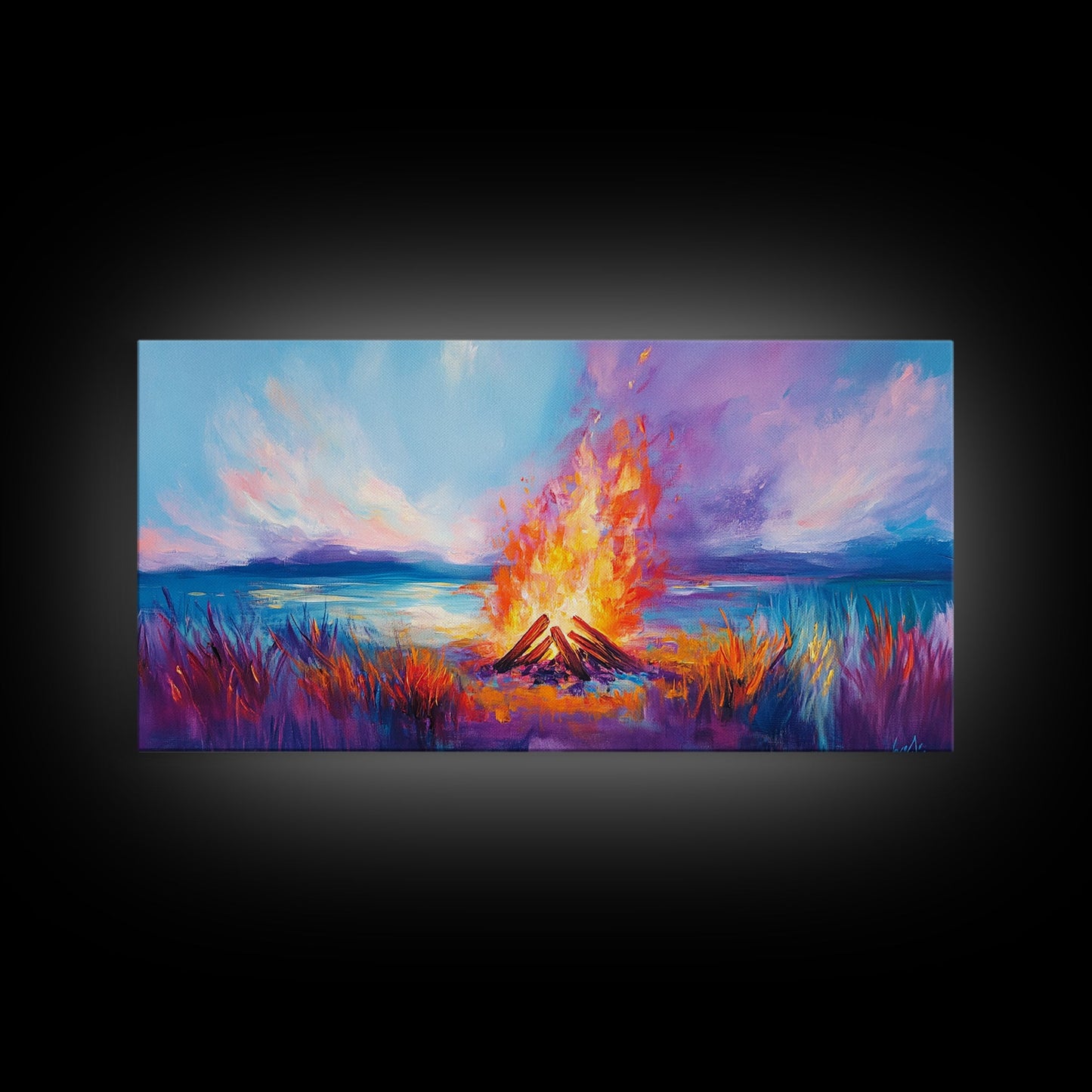 Lagerfeuer bei Sonnenuntergang, Küstenmotiv, Wandbild in Rosa und Orange, Extra breites Bild, Horizontales Wandbild, Gerahmter Leinwanddruck, Stimmungsvolle Kunst