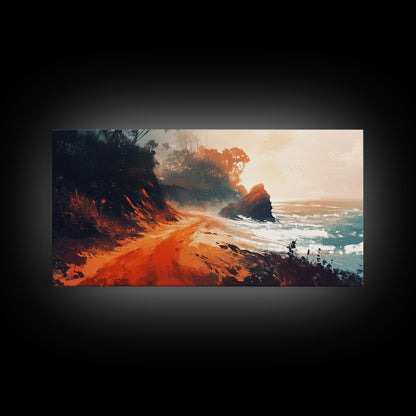 Coastal Road, southwest wall art, rustic decor, coastal landscape art, boho art, panoramic painting, gift idea for him, Canvas Print