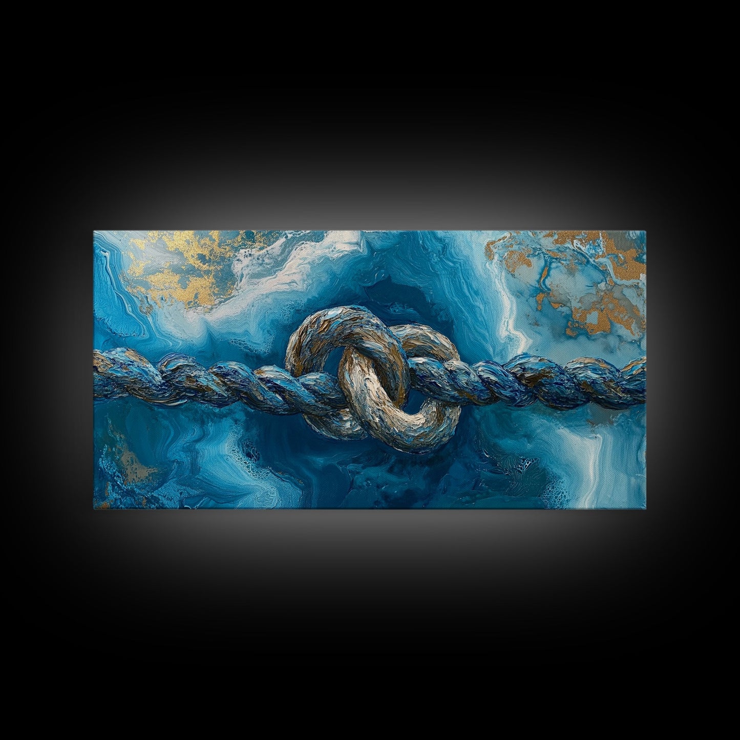 Ozeanseil, maritime Dekoration, blau-goldene Wandkunst, Küstenmalerei, Seestückmalerei, horizontale Wandkunst, gerahmter Leinwanddruck