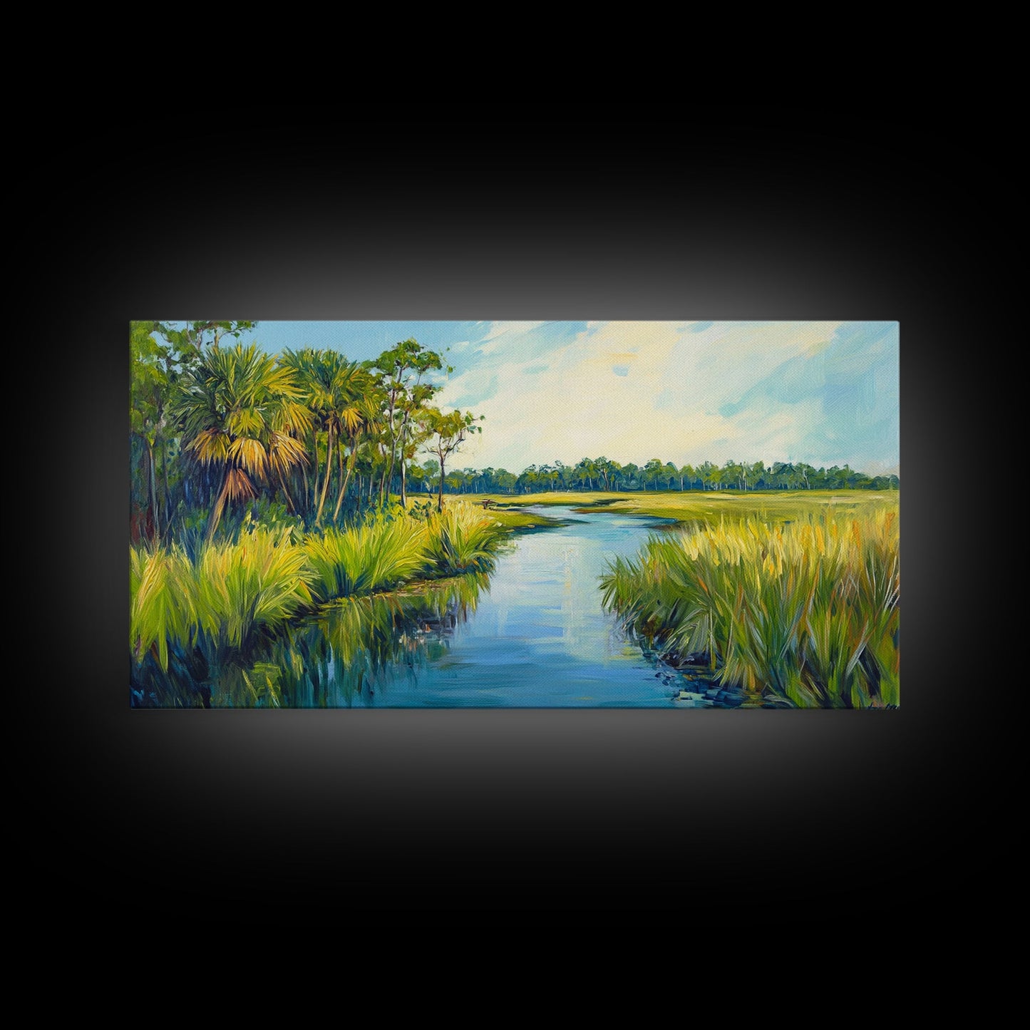 Marschlandschaft-Motiv, Palmenbild, tropische Landschaft, Küstendekor, grüne Wandkunst, rustikale Wandkunst, gerahmter Leinwanddruck