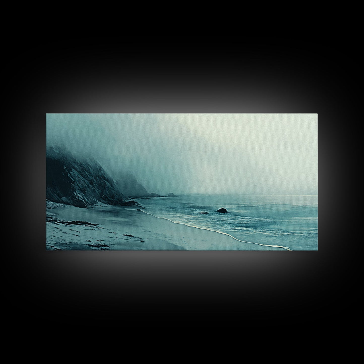 Nebelstrand, Küstenmotiv, maritime Malerei, stimmungsvolle Kunst, extrabreite Kunst, horizontale Wandkunst, Leinwanddruck, Schlafzimmerkunst